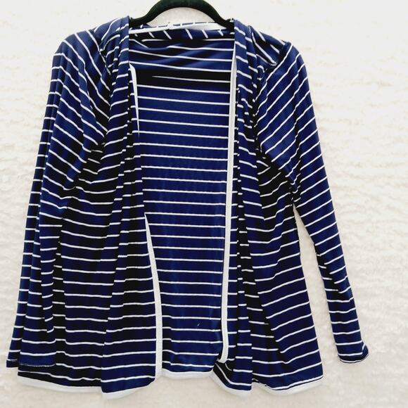Sweater Open Cardigan Size L Navy Stripe Sailor Coastal Grandma Nautical Cruise - Picture 7 of 13